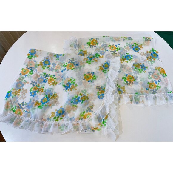 Vintage 80s curtains, white, orange, blue, green floral ruffled, pair of panels - Picture 9 of 9